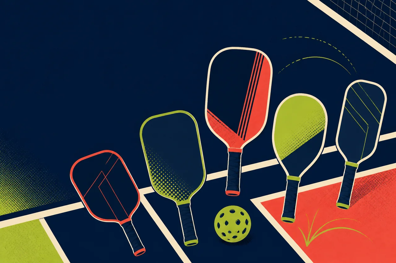 Editorial illustration of generic pickleball paddles in several shapes on a court